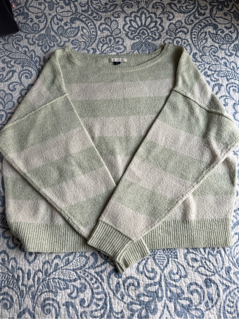 American Eagle Outfitters Striped Crewneck Sweater - Sage Green & Off-White